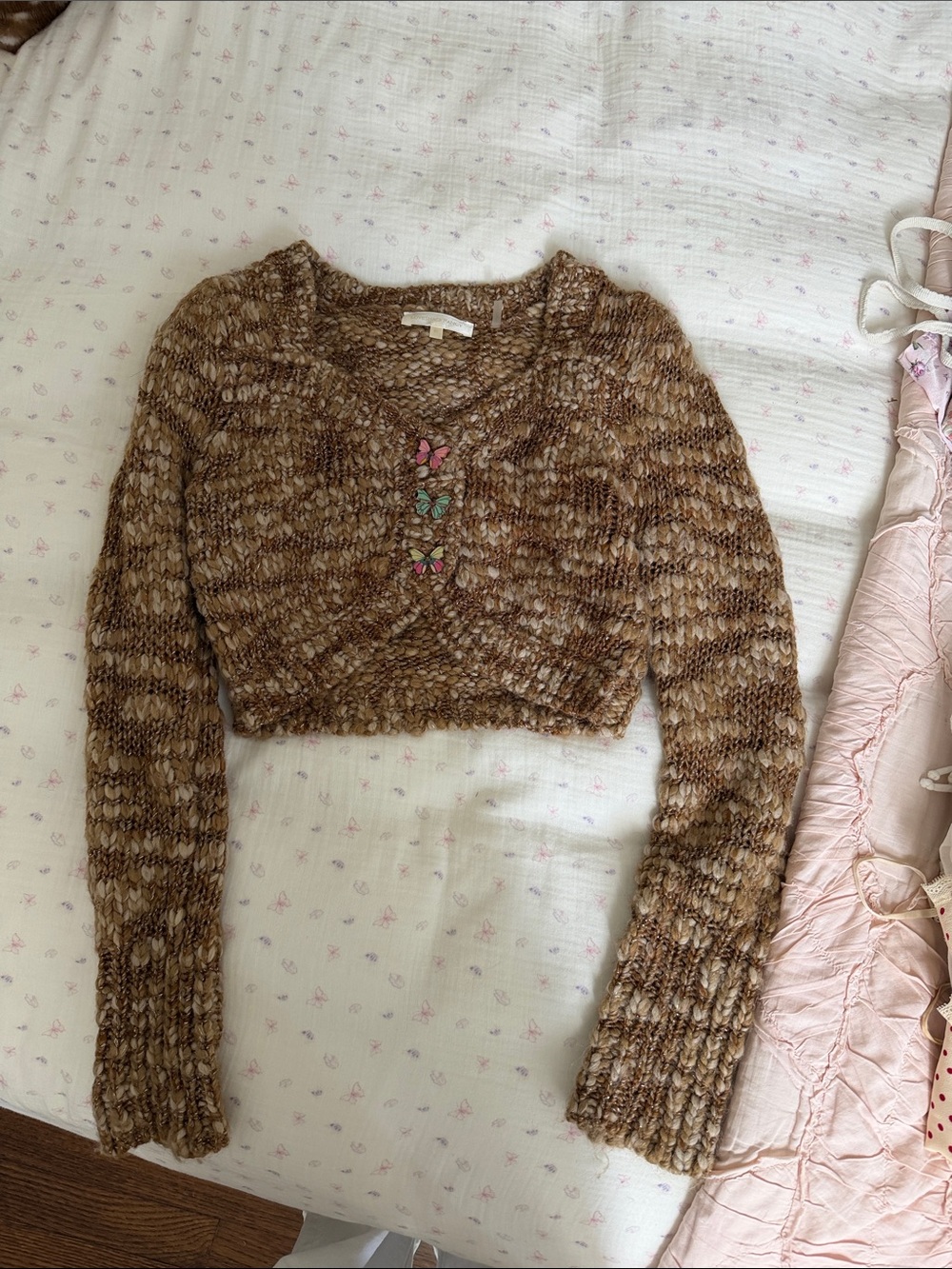 LoveShackFancy Cropped Brown Marled Knit Sweater with Floral Buttons